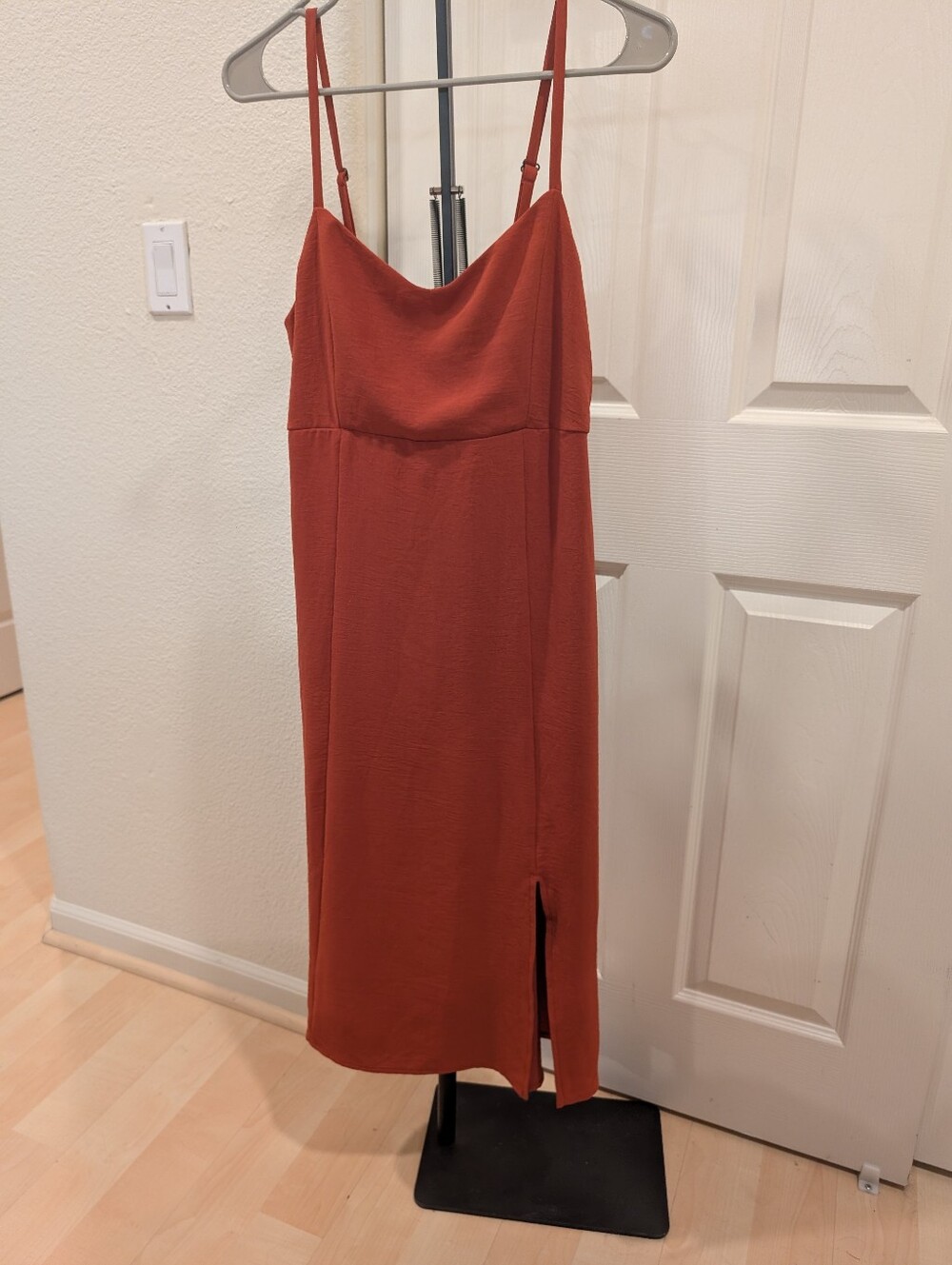 Spaghetti Strap Rust Midi Dress with Side Slit